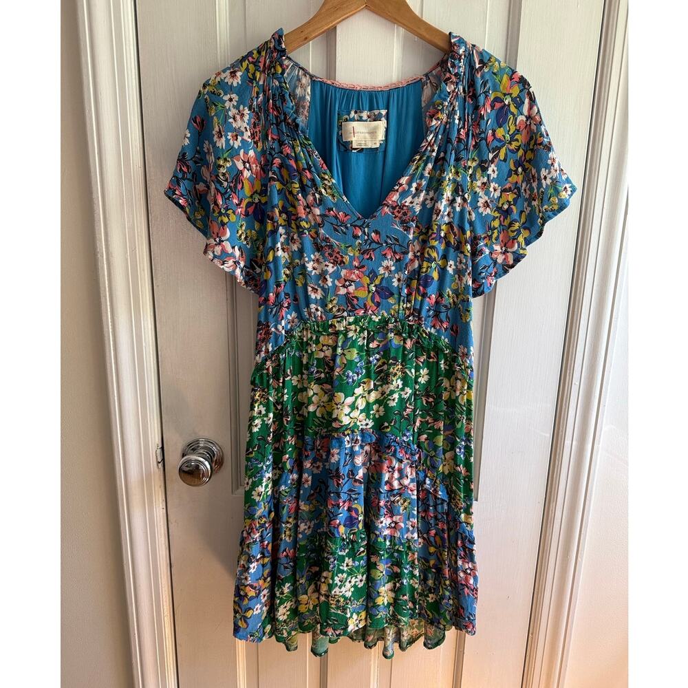 Anthropologie Robin Tiered Mini Dress XS Blue Green Floral Flutter Sleeve V-Neck
